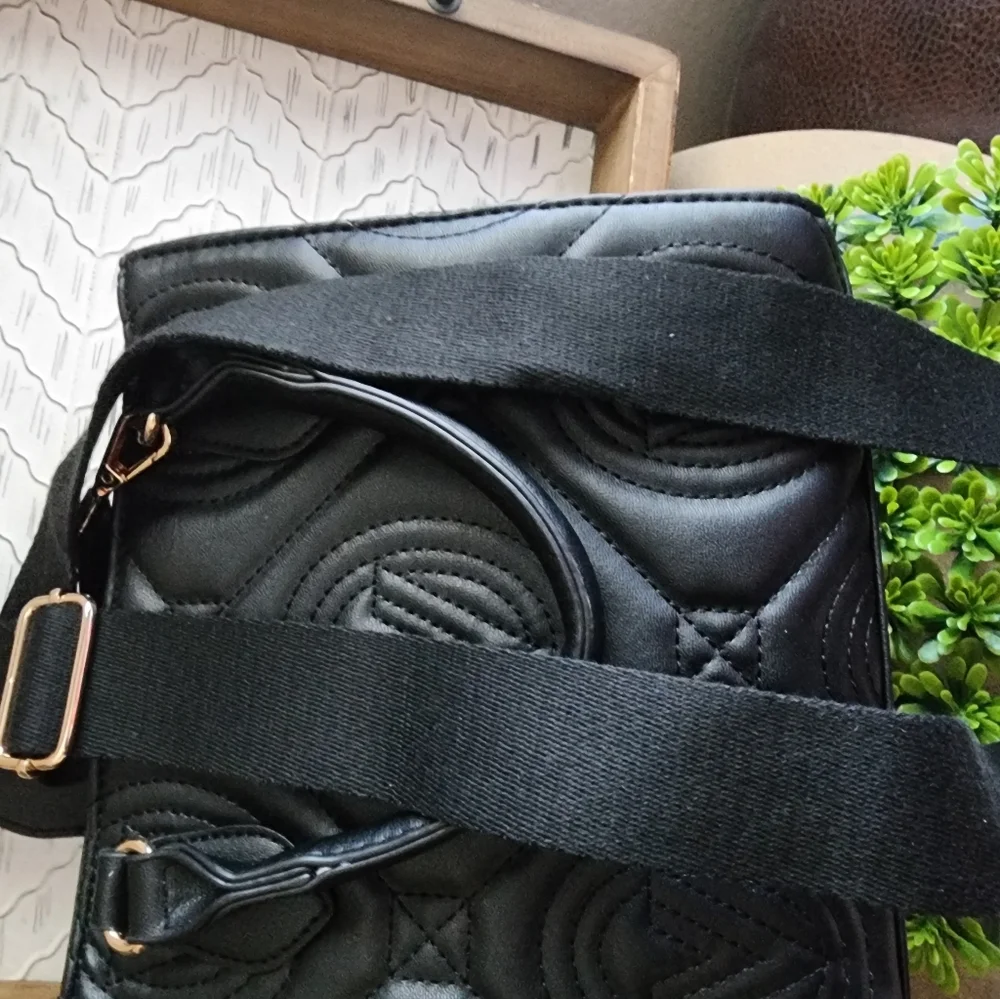 Vince Camuto Black Quilted Leather Satchel with Gold Charm